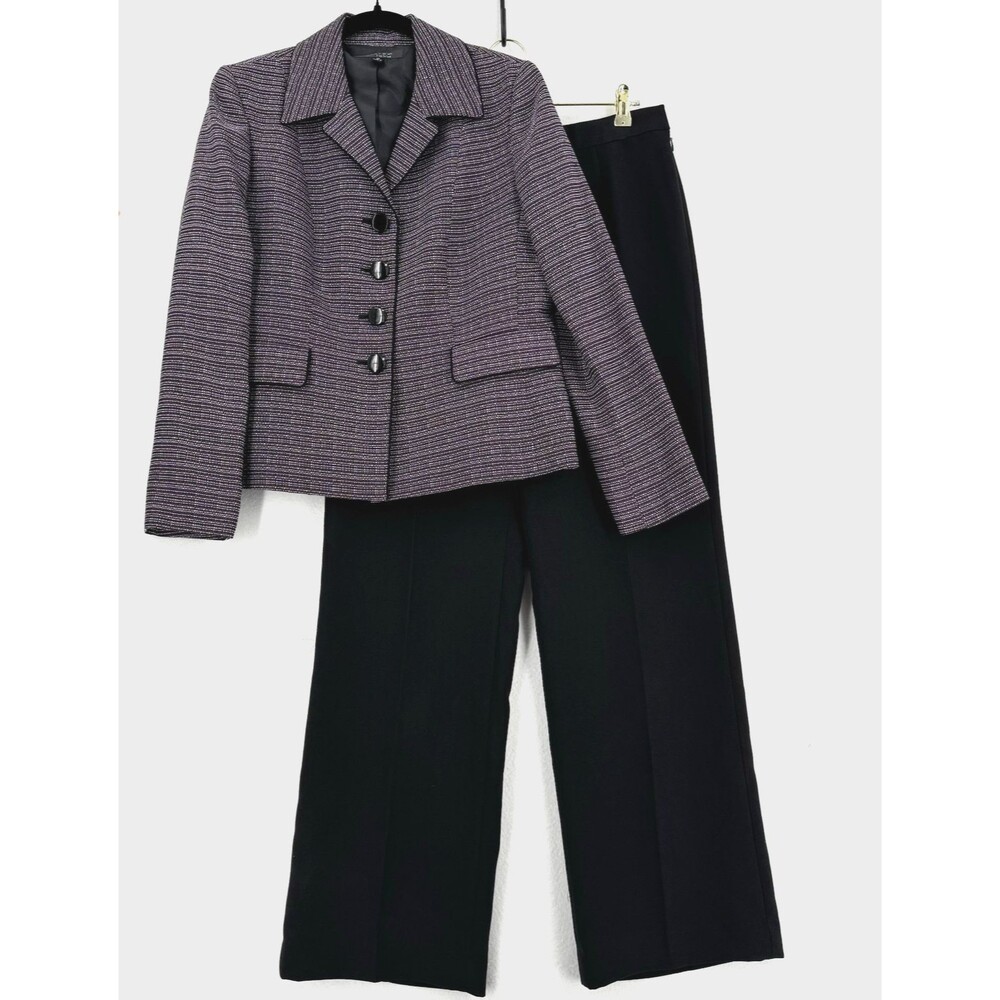 Le Suit 2 Piece Pantsuit Women 10 Purple Black Textured Blazer Dress Pants NWT